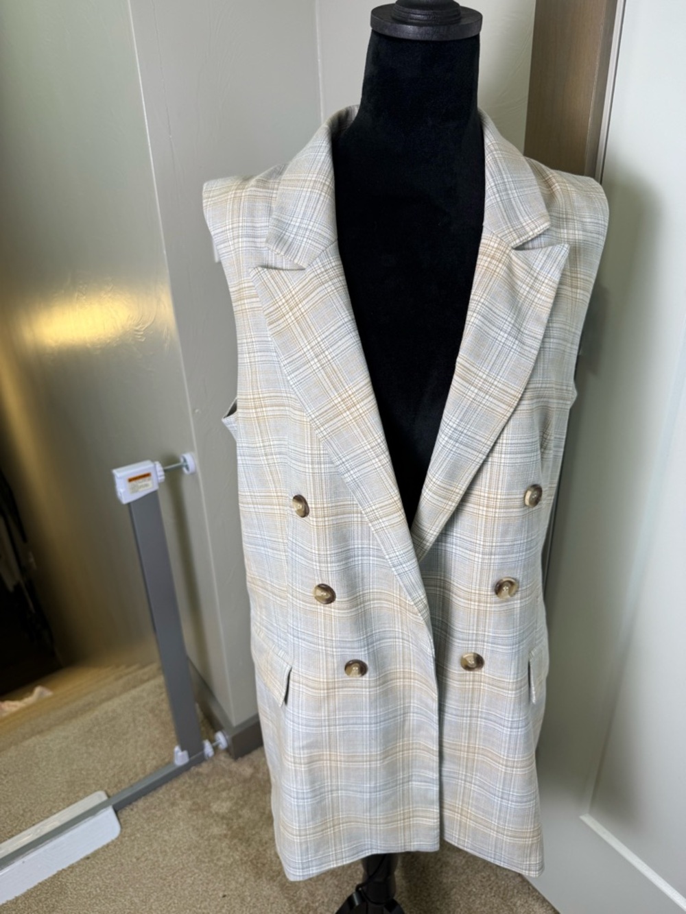 Rachel Zoe Breasted Blazer Vest Plaid Blue Tan Neutral Sleeveless Open Front L